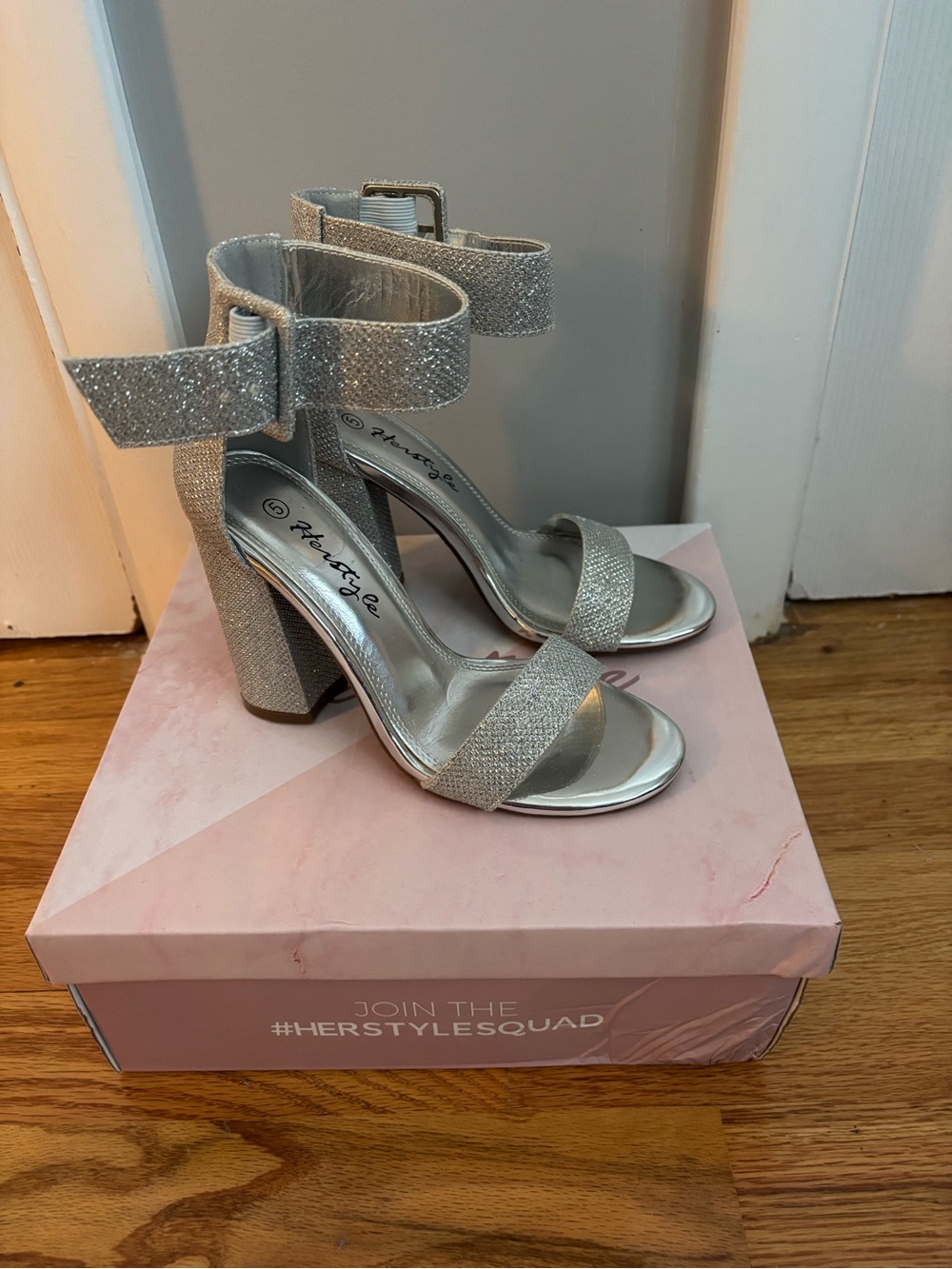 Herstyle Silver Glitter Block Heel Sandals with Ankle Strap Buckle